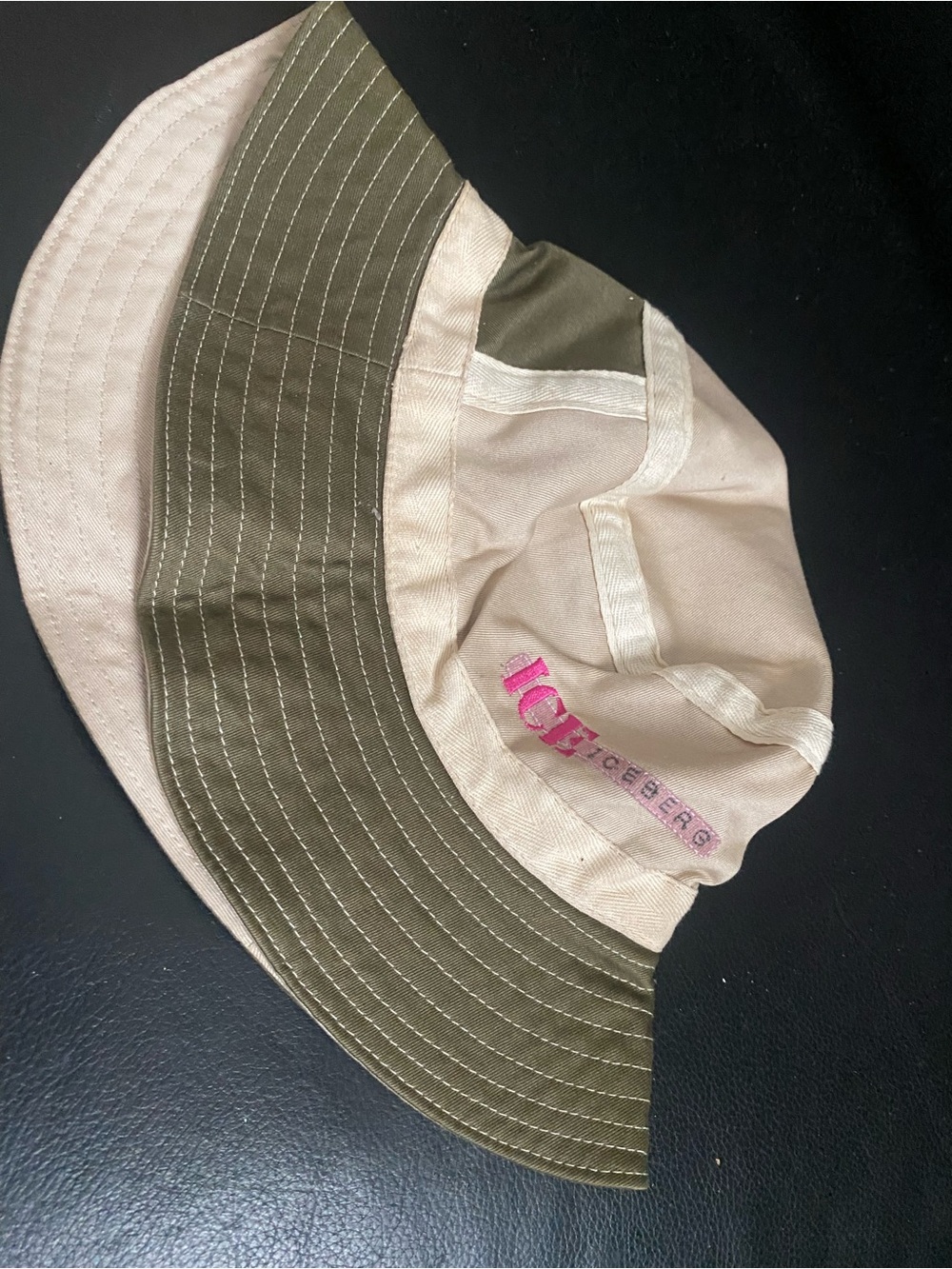 Iceberg Beige & Olive Panel Bucket Hat with Pink Logo